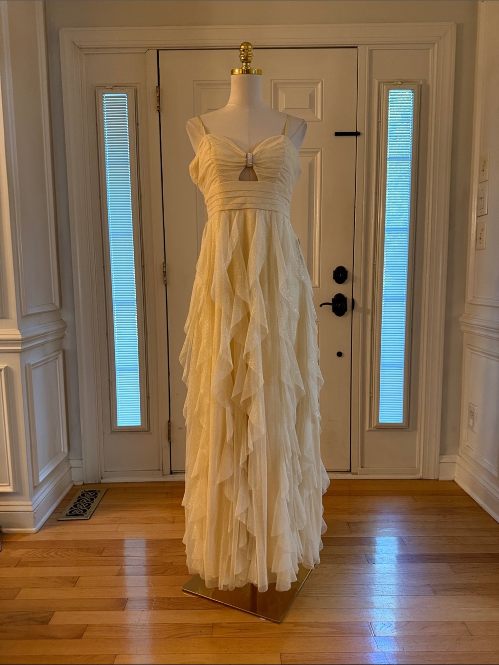 Ruffled Tulle Prom Gown in shimmery yellow